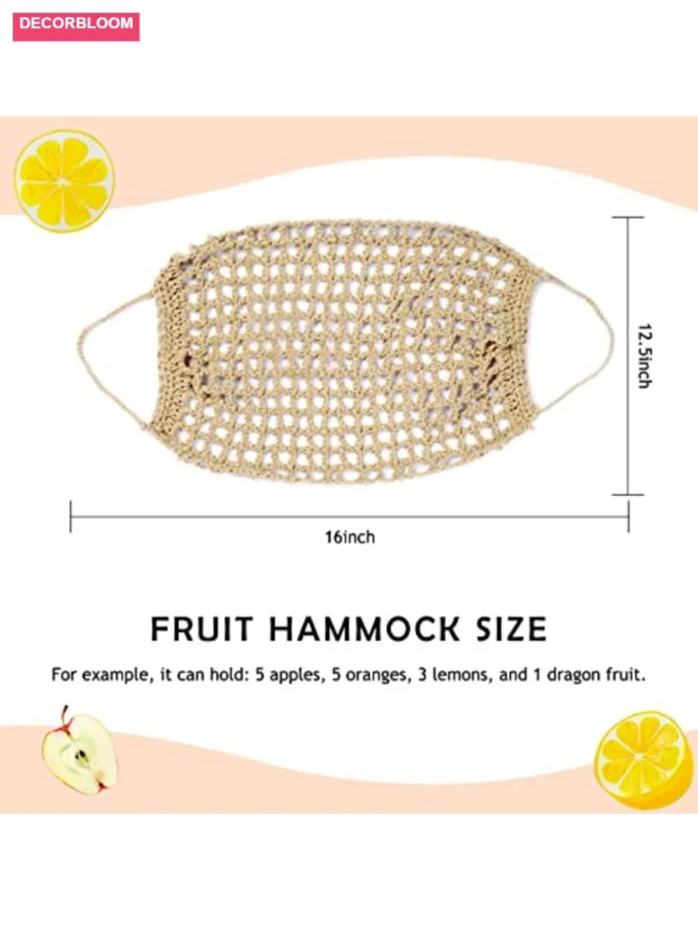 Large Macrame Fruit Hammock for Kitchen Under Cabinet Storage with 4 Hooks